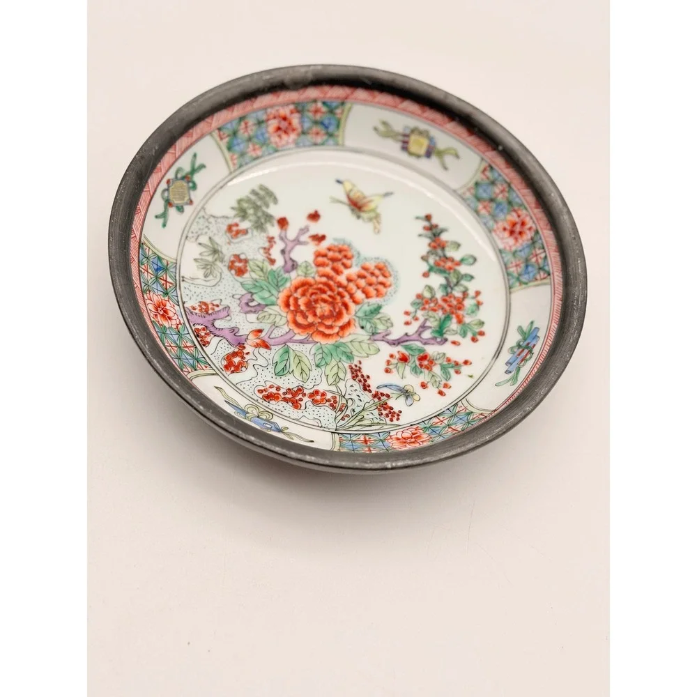 Neiman Marcus Japanese Porcelain Hand Decorated Hong Kong Pewter Encased Bowl